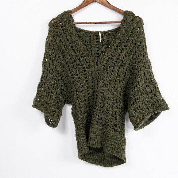 Free People Sweaters - Free People Green Alpaca Mohair Blend Knit Pullover Button Hooded Sweater Small